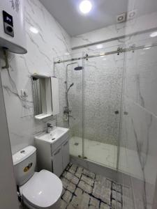 杜尚别Dom Shohon的一间带卫生间和玻璃淋浴间的浴室