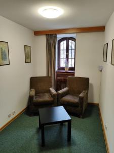 罗兹Apartament dla dwóch osób - Piotrkowska 262-264 pok A101的客厅配有两把椅子和一张茶几