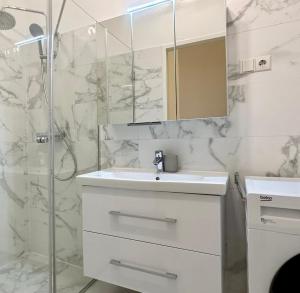 维也纳Stylish Apartment - in the Center的白色的浴室设有水槽和淋浴。