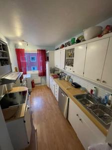 纳尔维克Narvik sentrum的厨房铺有木地板,配有白色橱柜。