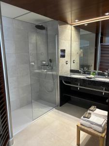 费康Hotel Le Grand Pavois的带淋浴的浴室和玻璃门
