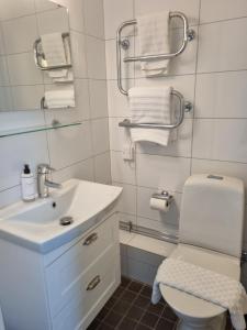 米约尔比Mjölby Stadshotell的浴室配有盥洗盆、卫生间和毛巾。