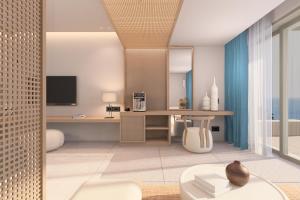 耶奥伊乌波利斯Ventale Island Breeze Resort的客厅配有书桌和电视。