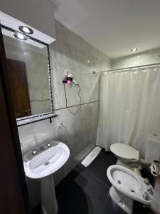 布宜诺斯艾利斯Hotel Quito的一间带水槽、卫生间和镜子的浴室