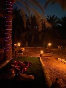 锡瓦Mezorin Camp的游泳池的夜间景色,灯光