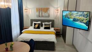 罗兹Manu Park Apartament z Garażem Centrum的一间卧室配有一张床和一台平面电视
