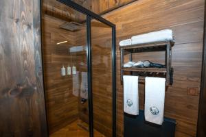 ArkaoğluköyüBİ ABANT MASALI VİLLAGE HOTEL的浴室设有木墙和带毛巾的淋浴。