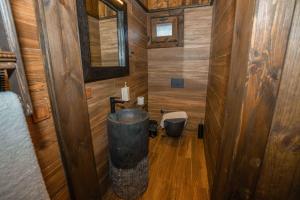 ArkaoğluköyüBİ ABANT MASALI VİLLAGE HOTEL的一间带木墙和木地板的浴室