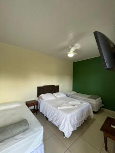帕拉蒂CHILL INN HOSTEL & POUSADA CENTRO的一间设有两张床和绿色墙壁的客房