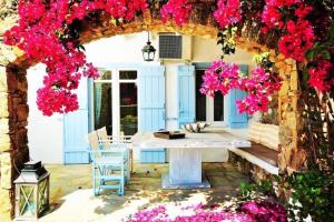 帕诺尔莫斯米科诺斯Beautiful Comfy Villa at Panormos Mykonos的一个带粉红色花卉和桌子的庭院