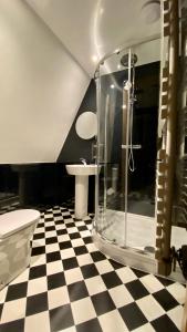 莫克姆The Bath Rooms的带淋浴、卫生间和盥洗盆的浴室