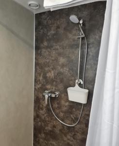 维岑豪森Hotel Stadt Witzenhausen的带淋浴和浴帘的浴室