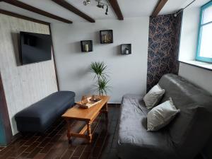 Le PinGites de la Janais的客厅配有沙发和桌子