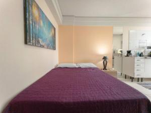 马林加Apartamento Wifi Smart - CID517A的一间卧室配有一张大床和紫色床罩