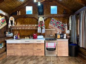 舒加塔格盐矿镇Casa Chindris的厨房配有木制橱柜和炉灶烤箱。