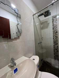 佩雷拉Hotel Coffee Real Pereira的浴室配有卫生间、盥洗盆和淋浴。