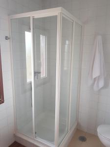 奥波里尼奥Casa La Porriñesa的一间带卫生间的浴室内的玻璃淋浴间