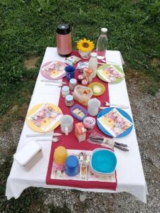 Auszeit-Wohnfass im Grünen的野餐桌上放有盘子和食物