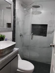 瓜达拉哈拉Casa Orquídea的带淋浴、卫生间和盥洗盆的浴室