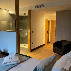 坎加斯-德奥尼斯Hotel Mirador de la Cepada的一间卧室设有一张床和一个玻璃淋浴间