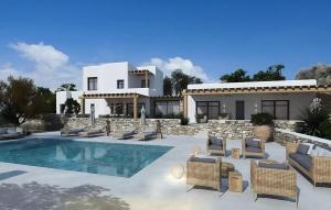 萨鲁Amazing Villa 6bed in Agios Lazaros Mykonos的 ⁇ 染带游泳池的别墅