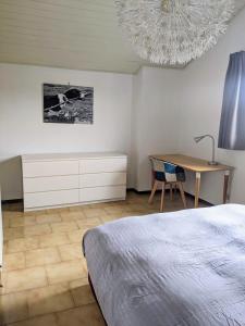 伊斯普拉Lago Maggiore - Loft Apartment的一间卧室配有一张床、一张书桌和一个吊灯。