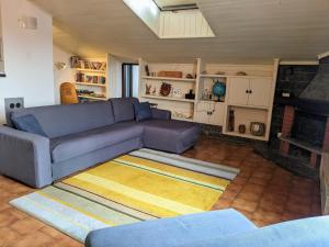 伊斯普拉Lago Maggiore - Loft Apartment的客厅设有蓝色的沙发和壁炉