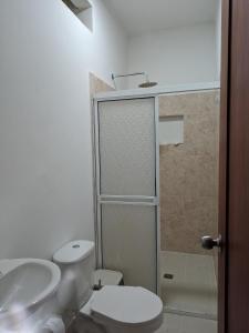 阿沃莱特斯Apartamento Confort的浴室配有卫生间、盥洗盆和淋浴。