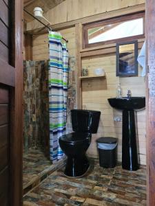 圣埃伦娜Cabaña en Medio del Bosque con Jacuzzi - Santa Elena的浴室设有黑色的卫生间和水槽。