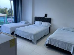 格拉纳达HOTEL PALMA ROJA的一间卧室设有两张床和大窗户