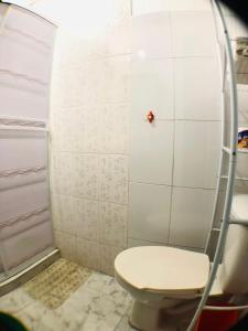 圣玛尔塔AptoPuntoCentro Santa Marta的浴室设有卫生间,墙上挂着蜘蛛