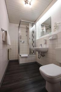 诺德林根弗莱尔安娜艺术酒店的带淋浴、卫生间和盥洗盆的浴室