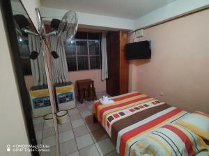 廷戈玛丽亚Hostal Ucayali的酒店客房配有一张床和风扇
