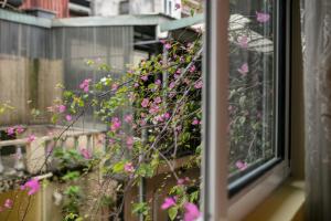 河内Hanoi Backpackers Hostel Oldtown的 ⁇ 上带粉红色花的窗户