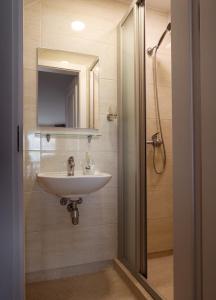奈达Curonian apartments的浴室配有盥洗盆和带镜子的淋浴