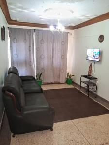 卡巴莱Kabale town flat的客厅配有真皮沙发和桌子
