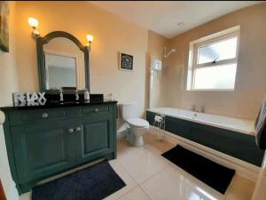 杜林Limestone Lodge Apartment的一间带绿色橱柜、浴缸和卫生间的浴室
