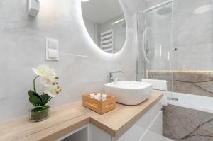 热舒夫Bright Apartment with Spacious Balcony and Air Conditioning by Renters的一间带水槽和镜子的浴室