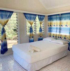 Nanuya LailaiBay of Plenty Nature Lodge的卧室配有一张带蓝色窗帘的大型白色床
