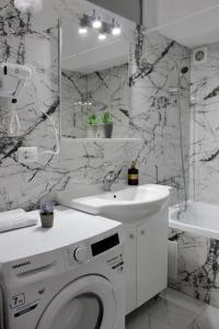 苏恰瓦Deluxe Apartments on G Enescu Blvd near Stefan Cel Mare University Suceava的白色的浴室设有洗衣机和水槽。
