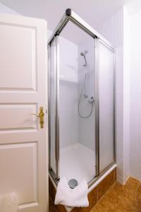 梅谢尼希Burg Satzvey的浴室设有淋浴间和门