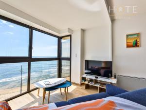 莱萨布勒-多洛讷Appartement au pied de la plage, vue imprenable sur la mer的海景客厅