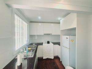 BidwillKaban Power 39的白色的厨房配有水槽和冰箱