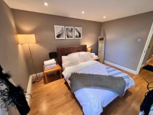 伦敦Happy River Thames View Entire Apartment的一间卧室配有一张床和一盏灯
