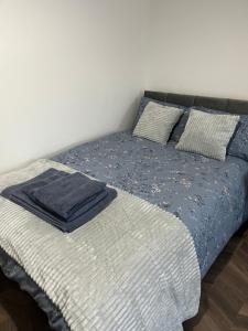 凯特林Stylish and Spacious Wi-Fi Smart TV Tea and coffee的一张带蓝色毯子和枕头的床