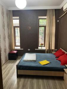 第比利斯ARTISHA TRAVEL TBILISI的一间卧室配有蓝色的床和红色枕头