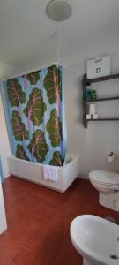 诺哈Casa Pedroso的一间带卫生间和淋浴帘的浴室