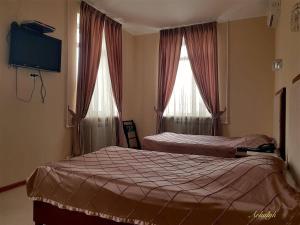 Arqalyqгостиница Аркалык的一间卧室设有两张床、一台电视和两个窗户。
