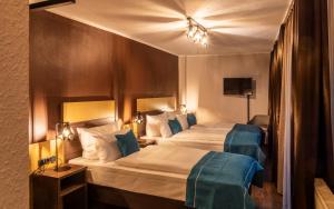 美因河畔法兰克福Trip Inn Hotel Sachsenhausen的酒店客房配有两张蓝色调的床。