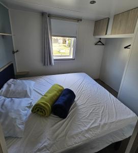 纳博讷普拉日Mobil Home (Clim, TV)- Camping Falaise Narbonne-Plage 4* - 003的一间卧室配有一张带两个枕头的床